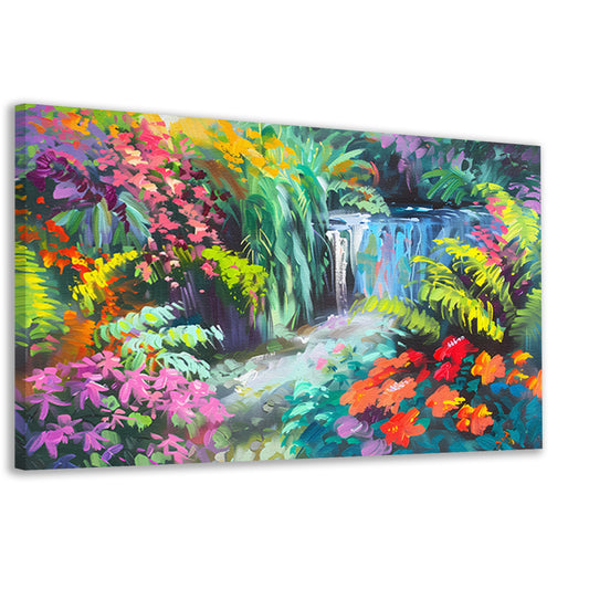 Impressionistische waterval met kleurrijke bloemenpracht canvas
