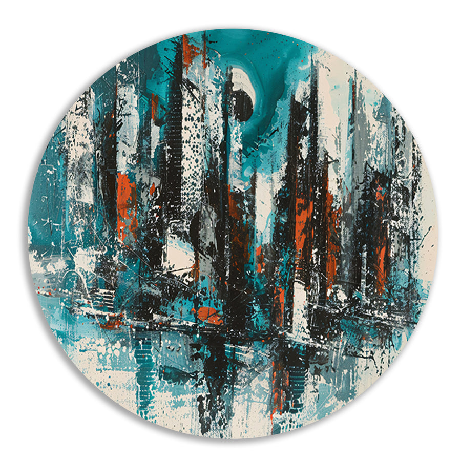 Abstracte schildering van dynamische skyline aluminium muurcirkel