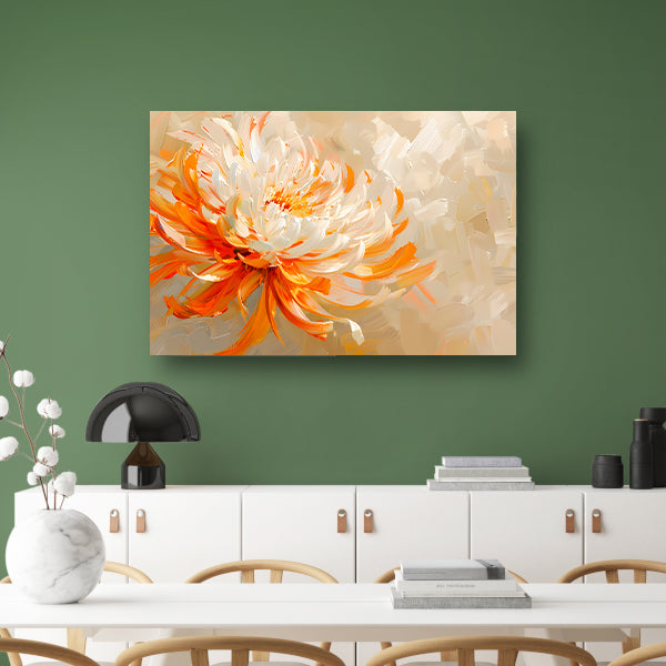 Abstract schilderij van oranje en witte bloem canvas met baklijst