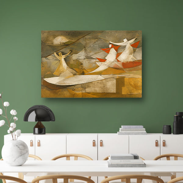 Dynamisch abstract schilderij met kubistische figuren canvas