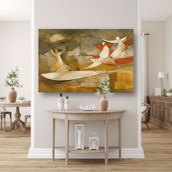 Dynamisch abstract schilderij met kubistische figuren poster