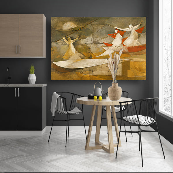 Dynamisch abstract schilderij met kubistische figuren poster