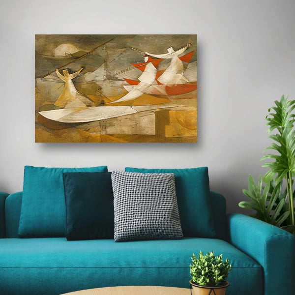Dynamisch abstract schilderij met kubistische figuren poster