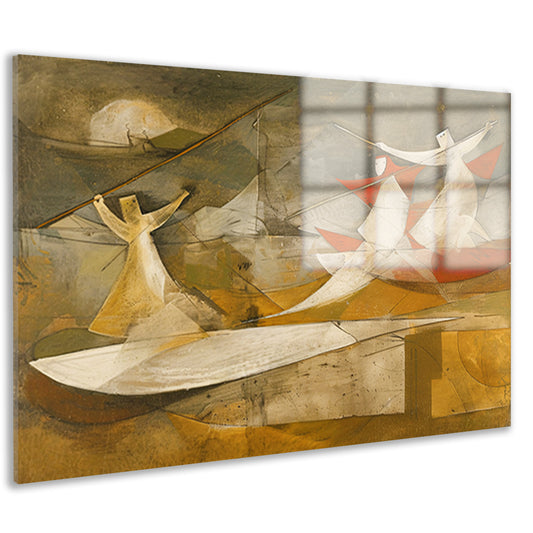 Dynamisch abstract schilderij met kubistische figuren acrylglas