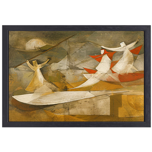 Dynamisch abstract schilderij met kubistische figuren canvas met baklijst