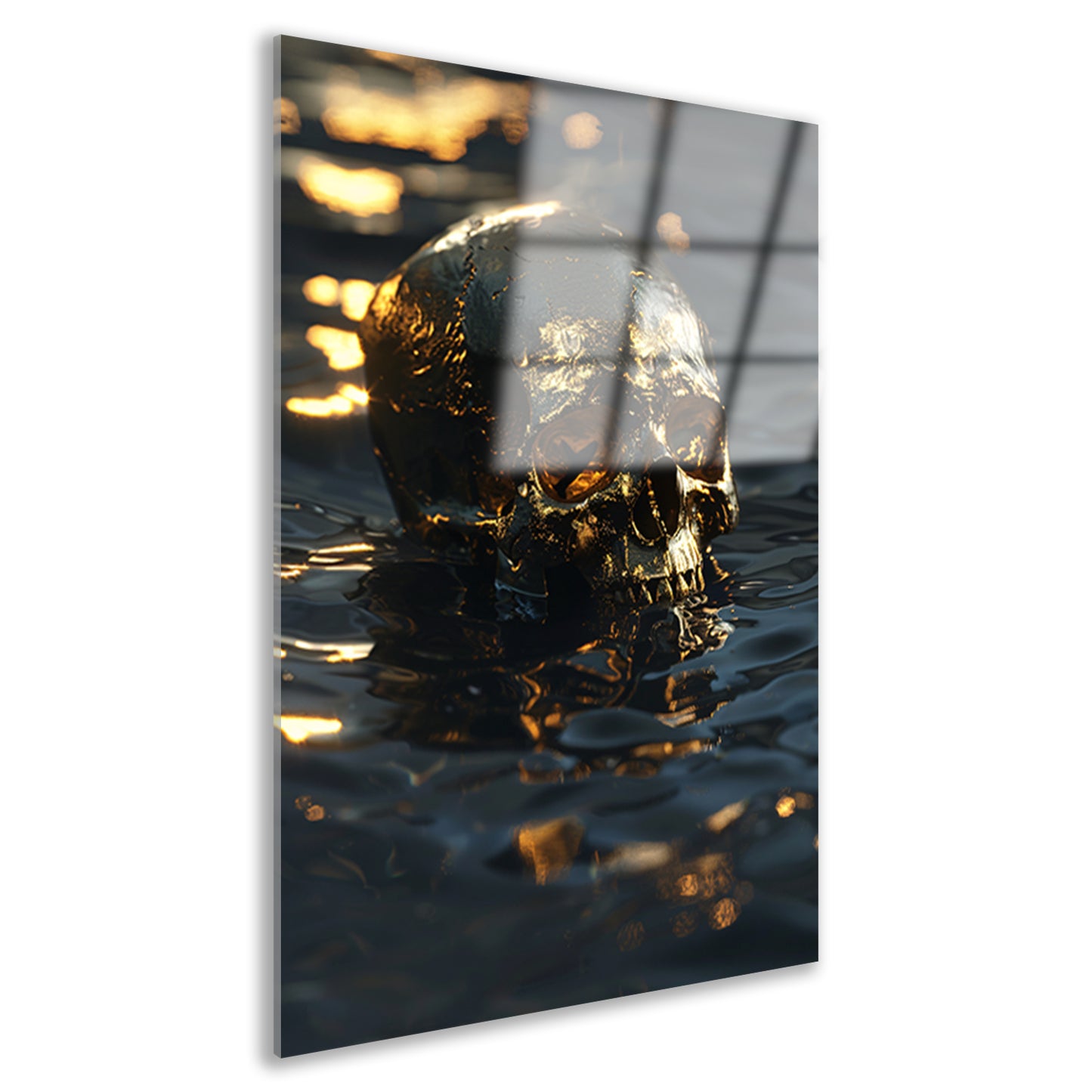 Vergulde schedel met gouden details in water acrylglas
