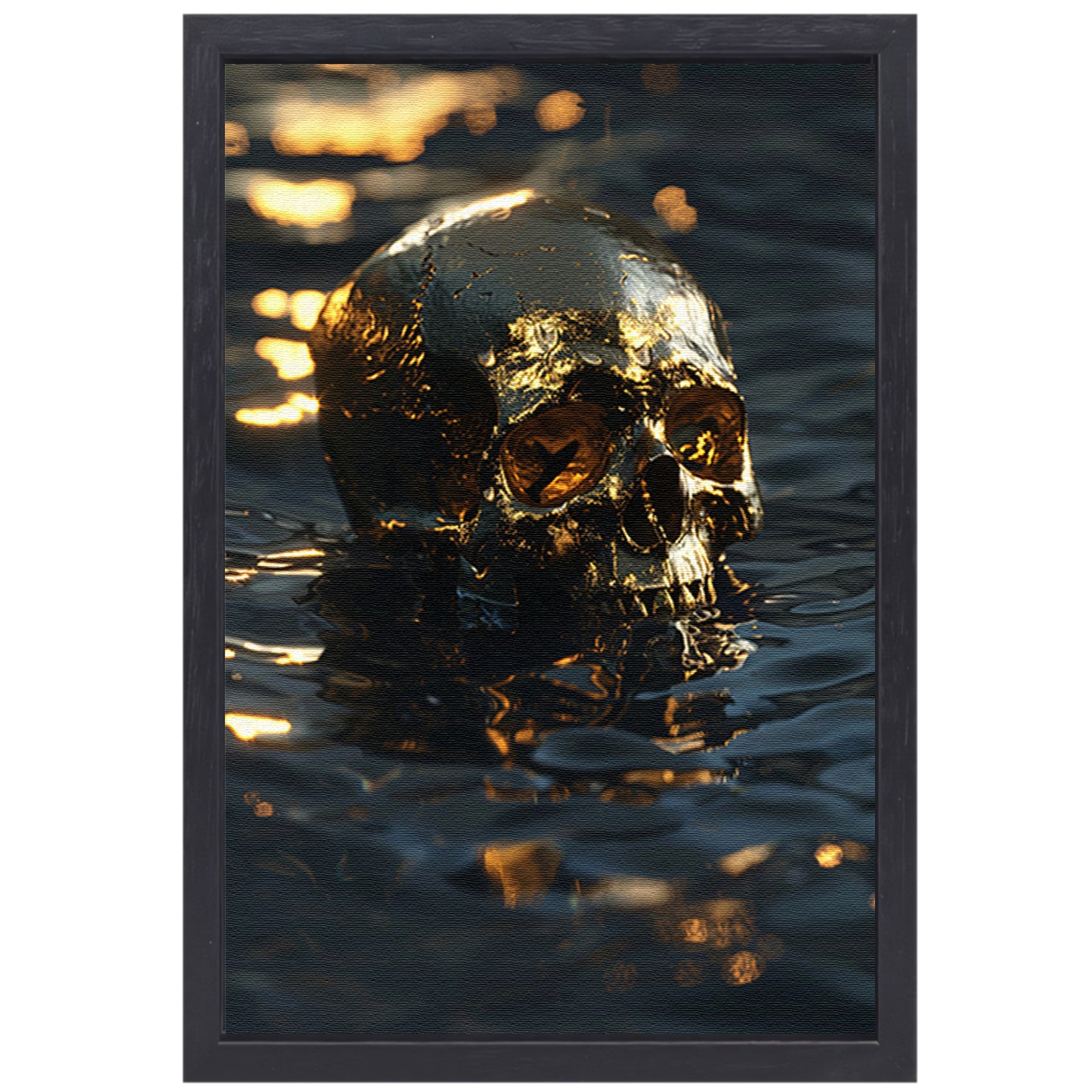 Vergulde schedel met gouden details in water canvas met baklijst