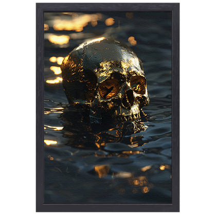 Vergulde schedel met gouden details in water canvas met baklijst