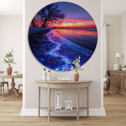 Magisch gloeiend strand bij zonsondergang aluminium muurcirkel