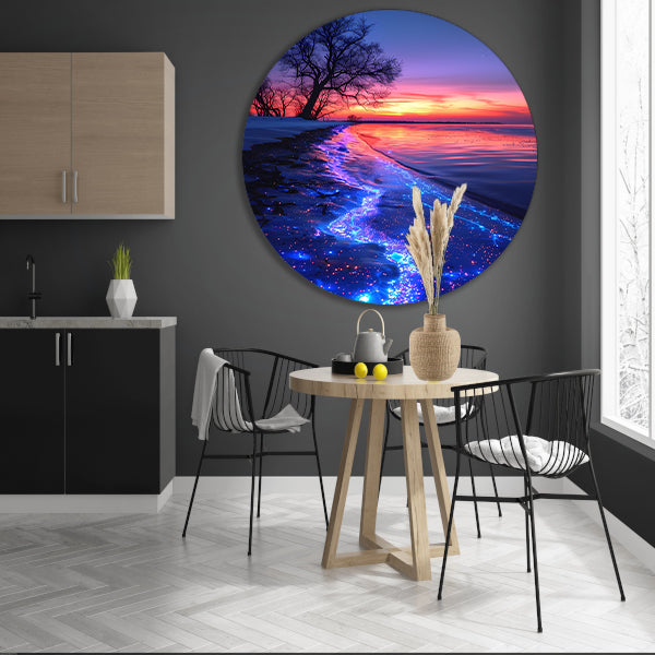 Magisch gloeiend strand bij zonsondergang aluminium muurcirkel