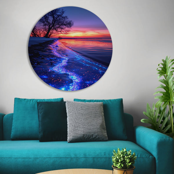 Magisch gloeiend strand bij zonsondergang aluminium muurcirkel