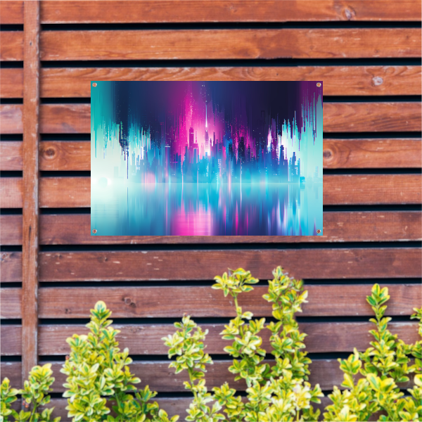 Futuristische skyline met kleurrijke reflecties tuinposter