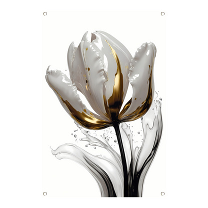 Abstracte witte en gouden tulp met druppels tuinposter