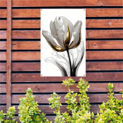 Abstracte witte en gouden tulp met druppels tuinposter