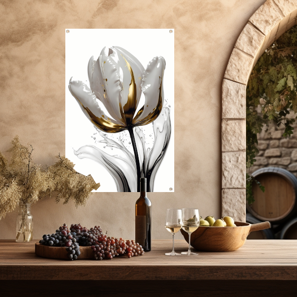 Abstracte witte en gouden tulp met druppels tuinposter