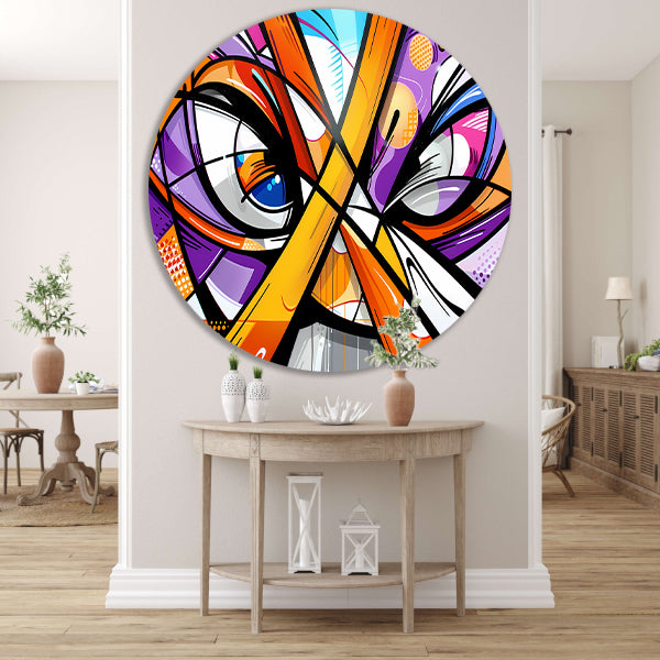 Kleurrijke abstracte pauw schilderij in popart stijl aluminium muurcirkel