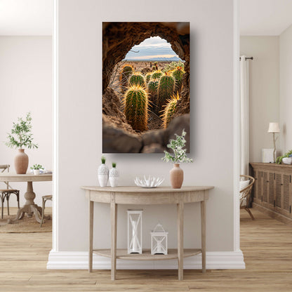 Cactussen door een natuurlijk venster canvas