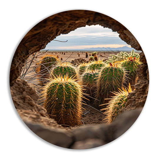 Cactussen door een natuurlijk venster aluminium muurcirkel