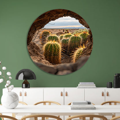 Cactussen door een natuurlijk venster aluminium muurcirkel