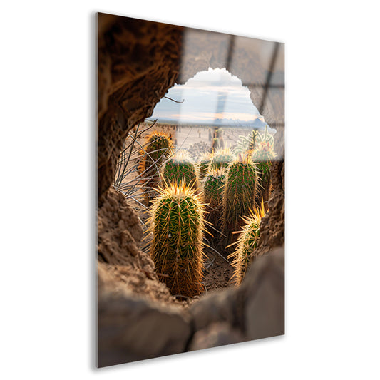 Cactussen door een natuurlijk venster acrylglas