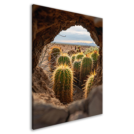 Cactussen door een natuurlijk venster canvas