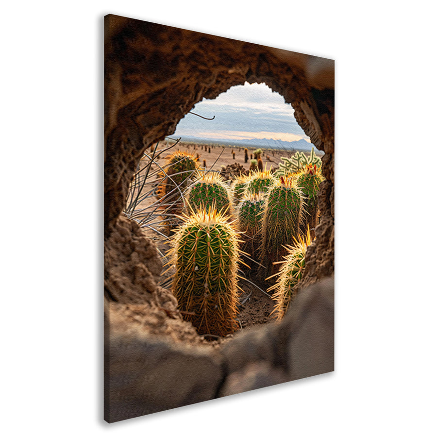 Cactussen door een natuurlijk venster canvas