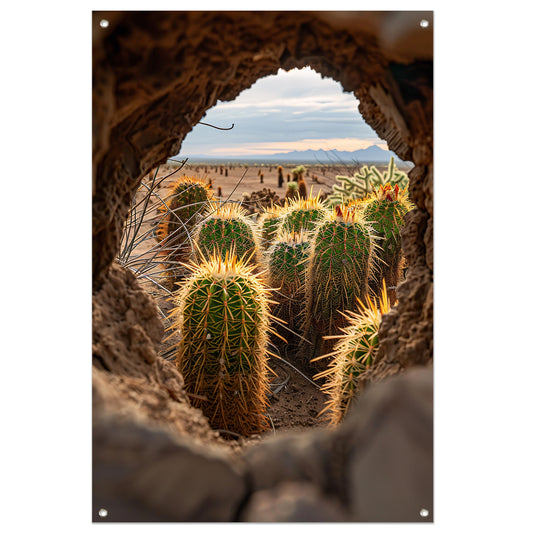 Cactussen door een natuurlijk venster tuinposter