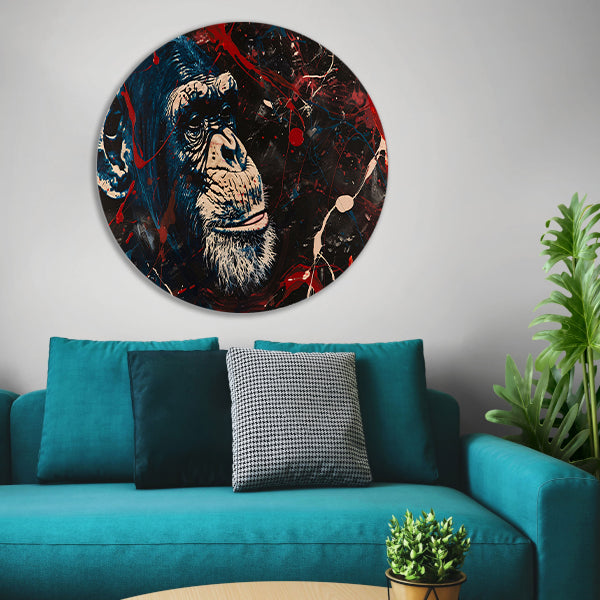 Abstract schilderij van aap met verfspetters aluminium muurcirkel
