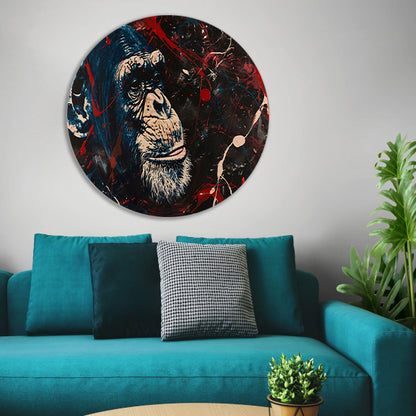 Abstract schilderij van aap met verfspetters aluminium muurcirkel