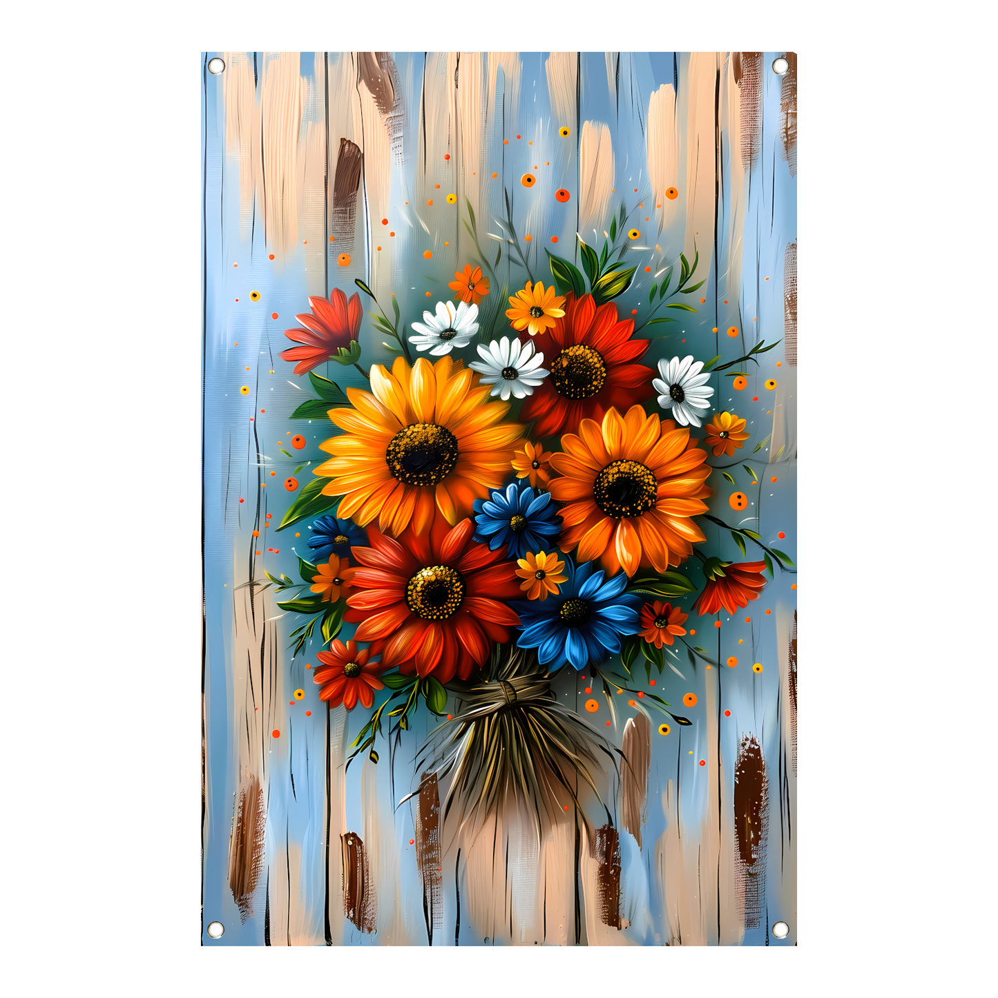Levendige en kleurrijke bloemen op blauwe achtergrond tuinposter