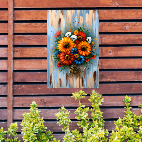 Levendige en kleurrijke bloemen op blauwe achtergrond tuinposter