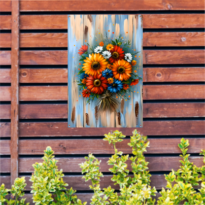 Levendige en kleurrijke bloemen op blauwe achtergrond tuinposter