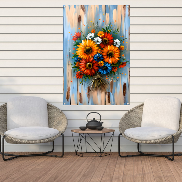 Levendige en kleurrijke bloemen op blauwe achtergrond tuinposter