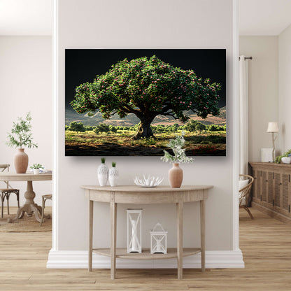 Appelboomgaard met bergen canvas