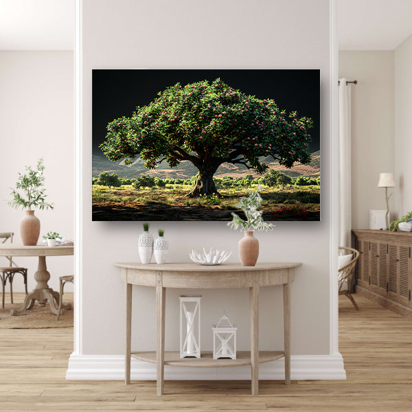 Appelboomgaard met bergen poster