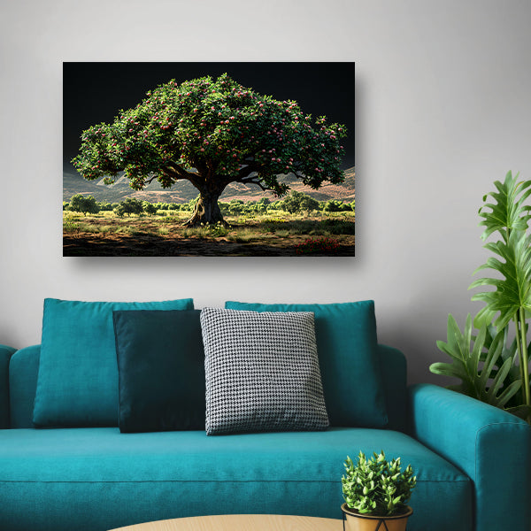 Appelboomgaard met bergen poster