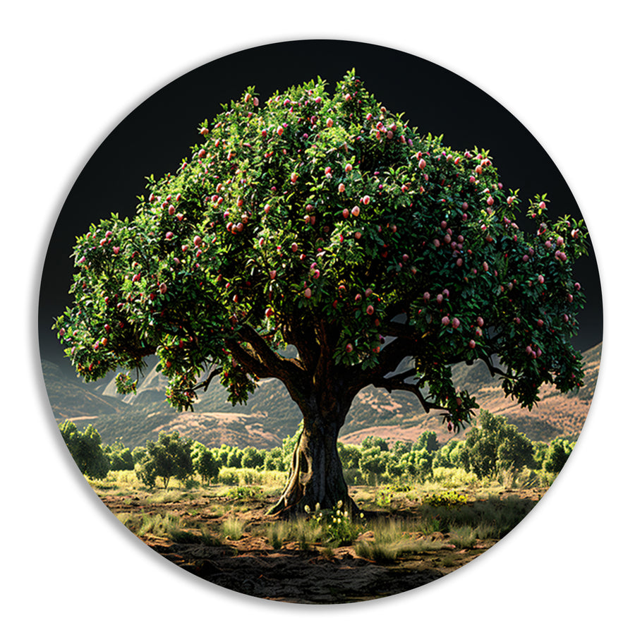 Appelboomgaard met bergen aluminium muurcirkel