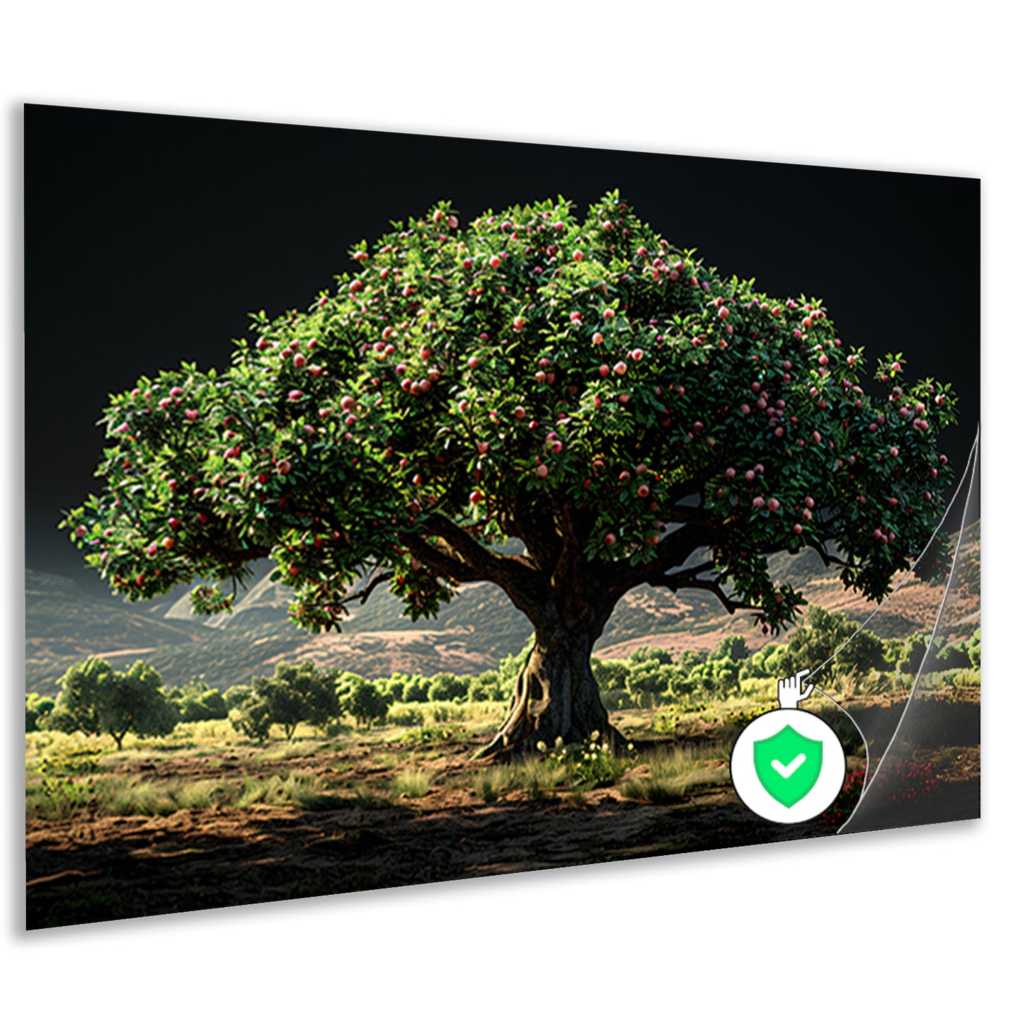 Appelboomgaard met bergen poster