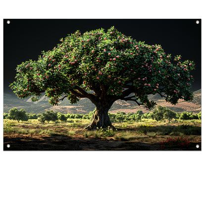 Appelboomgaard met bergen tuinposter