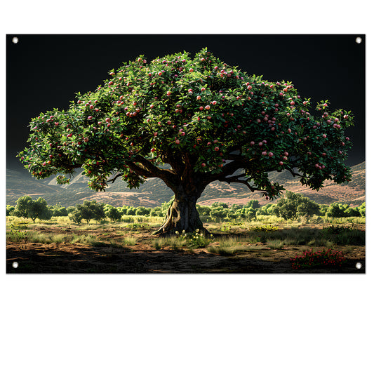 Appelboomgaard met bergen tuinposter
