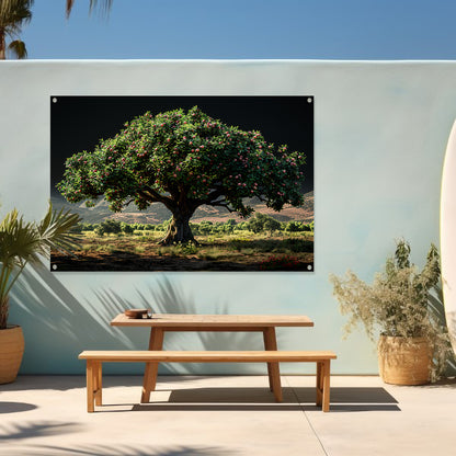 Appelboomgaard met bergen tuinposter