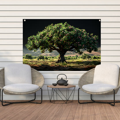 Appelboomgaard met bergen tuinposter