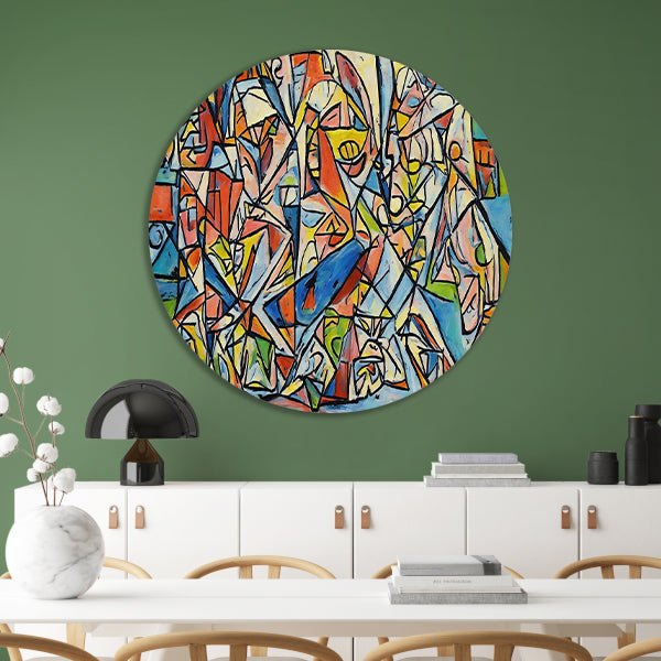 Abstract kubistisch ontwerp met dierenfiguren aluminium muurcirkel