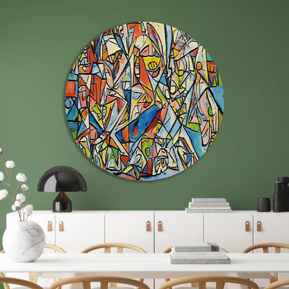 Abstract kubistisch ontwerp met dierenfiguren aluminium muurcirkel