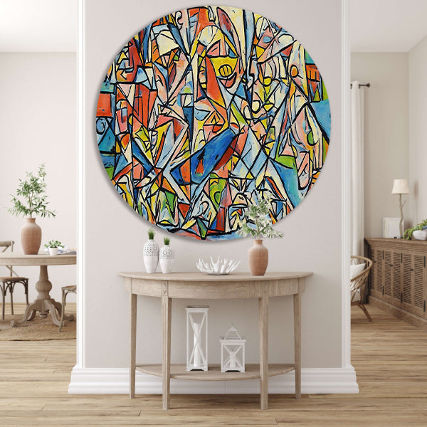Abstract kubistisch ontwerp met dierenfiguren aluminium muurcirkel
