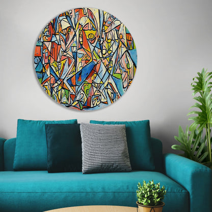 Abstract kubistisch ontwerp met dierenfiguren aluminium muurcirkel