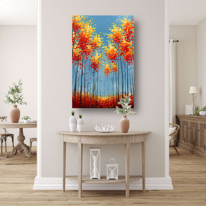 Abstract herfstboomschildering met felle kleuren canvas met baklijst