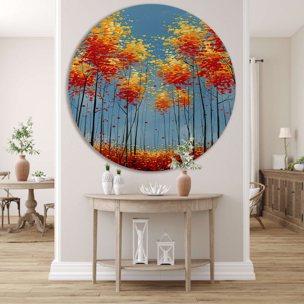 Abstract herfstboomschildering met felle kleuren aluminium muurcirkel
