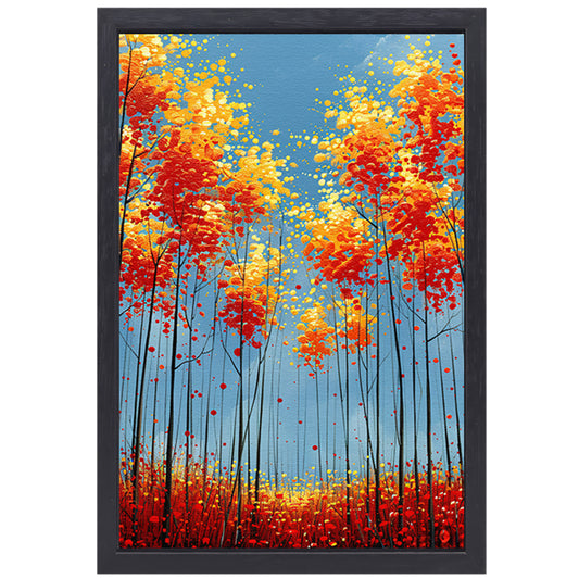 Abstract herfstboomschildering met felle kleuren canvas met baklijst