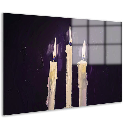 Abstract surrealistisch schilderij van drie kaarsen acrylglas